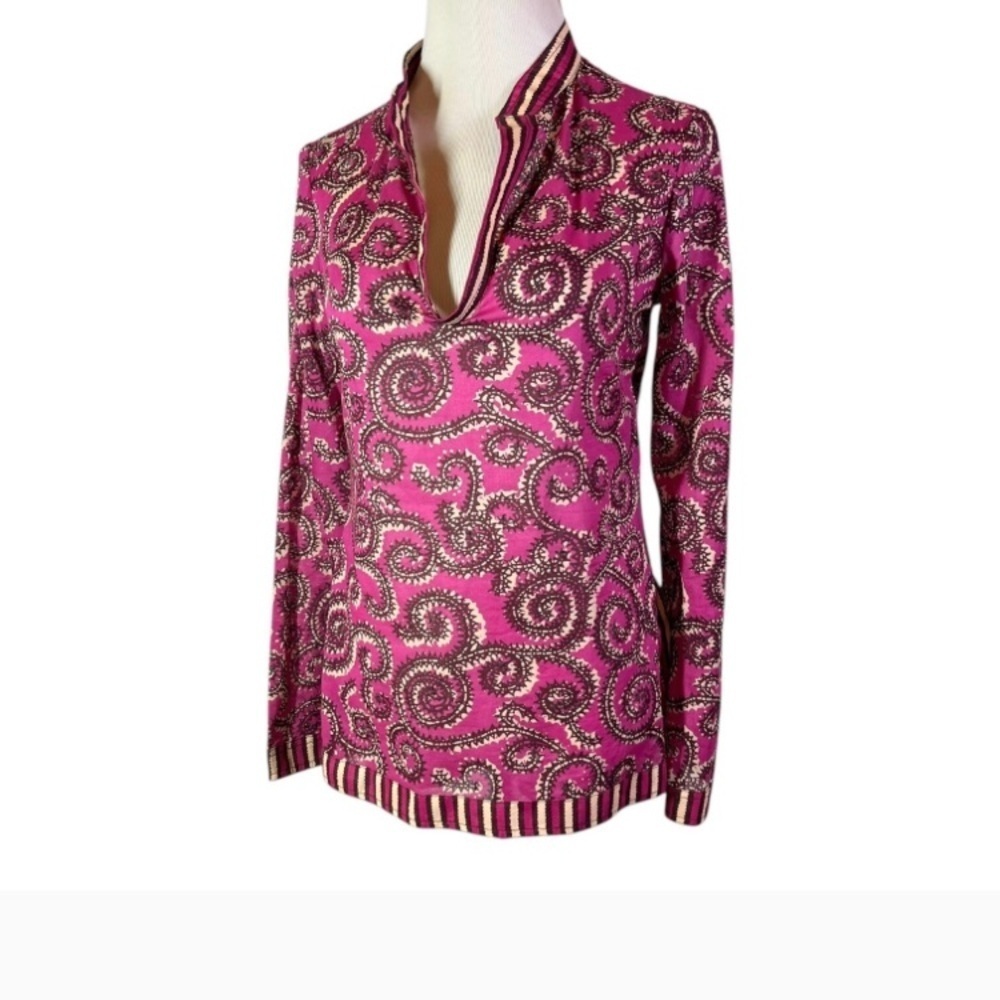 🌷Tory Burch Red and Black Graphic Blouse with Mandarin Collar